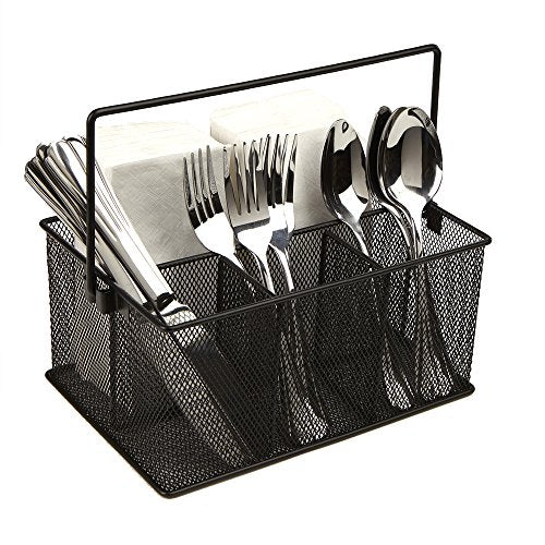  Storage Basket Organizer, Utensil Holder, Forks, Spoons, Knives, Napkins, Perfect For Desk Supplies, Pencil, Pens, Staples, Black, 4 Compartments