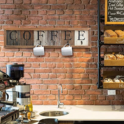  Ffee Mug Holder With Printed Solid Wood Coffee Sign, 6 Coffee Cup Hooks With Wooden Coffee Mug Display And Organizer - Distressed Coffee Rack Sign, 31.5" Wide