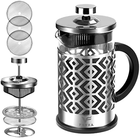  French Press Coffee Maker 12 Ounce Stainless Steel With Borosilicate Glass Heat Resistant 4 Level Filtration System For Brew Coffee & Tea Dishwasher Safe 350ml (12oz, Stainless Black)