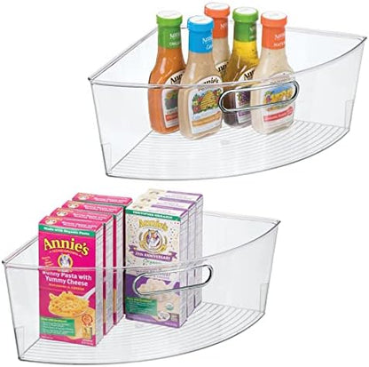  MDesign Plastic Lazy Susan Cabinet Storage Bin With Front Handle For Kitchen Countertop, Pantry, Shelf, Fridge Organization - Hold Food, Drinks, Snacks - Ligne Collection - 2 Pack - Smoke Gray Tint