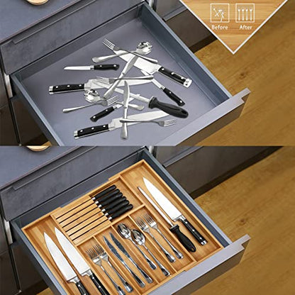  Bamboo Silverware Drawer Organizer Kitchen, Expandable Utensil Holder And Cutlery Tray With Divider | 13"-21.6" Flatware Storage And Removable Knife Block