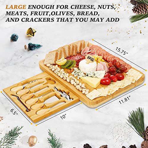  IPOW Cheese Board And Knife Set, Premium Bamboo Charcuterie Cheese Platter Cutting Board For Cheese Lovers Family Gatherings, Gifts For Mom, For Wedding Registry Housewarming Anniversary And Birthday