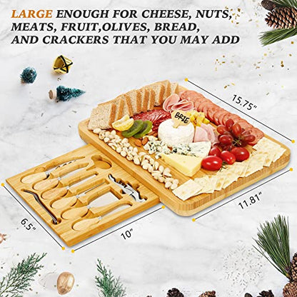  IPOW Cheese Board And Knife Set, Premium Bamboo Charcuterie Cheese Platter Cutting Board For Cheese Lovers Family Gatherings, Gifts For Mom, For Wedding Registry Housewarming Anniversary And Birthday