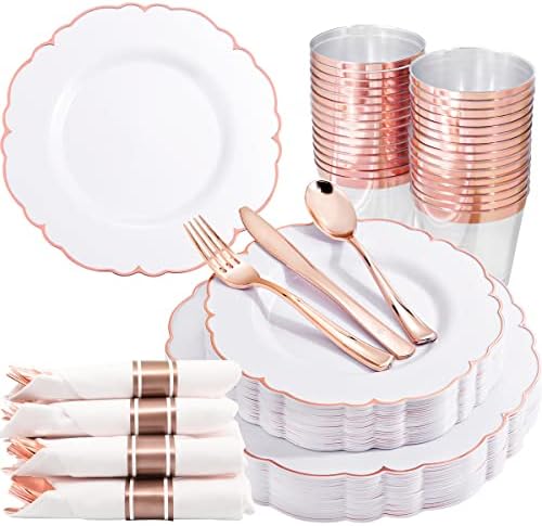  175PCS Rose Gold Plastic Plates - Baroque Rose Gold Disposable Plates Including 50 Rose Gold Party Plates, 25 Pack Rose Gold Pre Rolled Napkins And 25 Cups For Wedding & Party