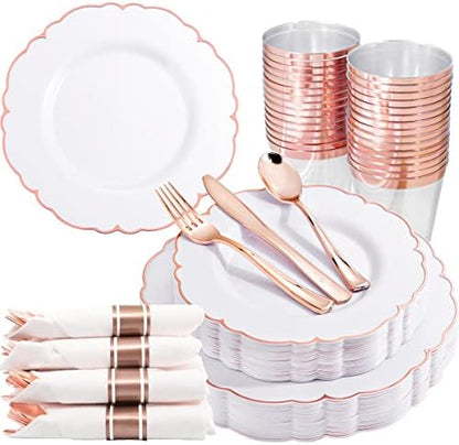  175PCS Rose Gold Plastic Plates - Baroque Rose Gold Disposable Plates Including 50 Rose Gold Party Plates, 25 Pack Rose Gold Pre Rolled Napkins And 25 Cups For Wedding & Party