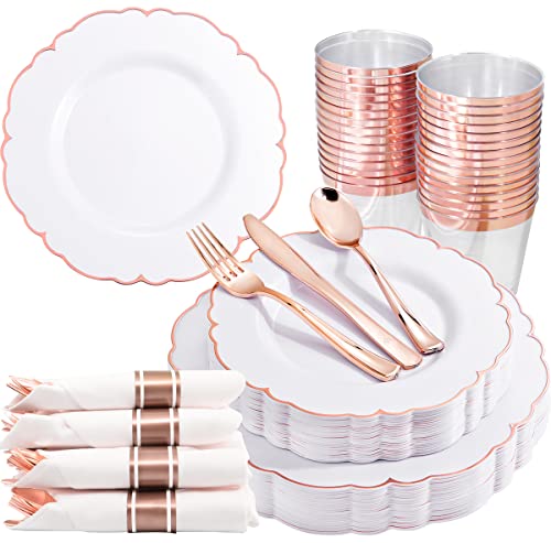  175PCS Rose Gold Plastic Plates - Baroque Rose Gold Disposable Plates Including 50 Rose Gold Party Plates, 25 Pack Rose Gold Pre Rolled Napkins And 25 Cups For Wedding & Party
