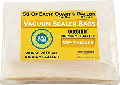  100 Vacuum Sealer Bags: 50 Pint (6" X 10") And 50 Quart (8" X 12") OutOfAir Vacuum Sealer Bags Works With FoodSaver & Other Savers. 33% Thicker, BPA Free, Great For Sous Vide