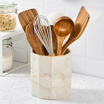  Kitchen Utensil Holder For Countertop, Ceramic Utensil Caddy, Farmhouse Utensil Crock Utensil Organizer For Kitchen Décor, Brown Marble Cooking Utensil Holder