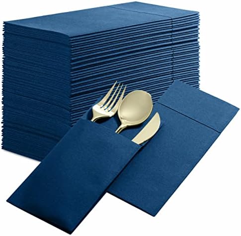  Disposable Linen-Feel Dinner Napkins With Built-in Flatware Pocket, 50-Pack BLACK Prefolded Cloth Like Paper Napkins For Dinner, Wedding Or Party