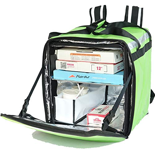  K-76F: Doubledeck Insulated Pizza/Food Delivery Backpack Bag, 16"x 15"x 18",With A Cup Holder. A Glossy Waterproof, Collapsible Food Take-Out Box For Catering, Restaurant Delivery, 76Liters(Green)