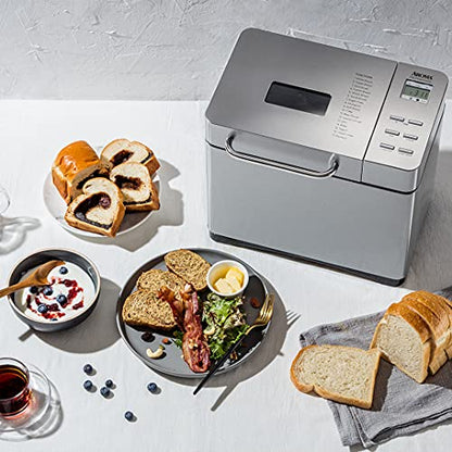  Aroma Housewares Professional 2 Lb. Digital Bread Maker, 17 Preset Functions And 3 Crust Colors, Automatic Fruit & Nut Dispenser, Stainless Steel (ABM-270), Silver