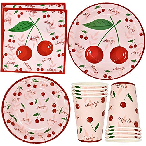  Cherry Fruit Party Supplies Tableware Set Includes 24 9" Paper Plates 24 7" Plate 24 9 Oz Cups 50 Lunch Napkins For Cherries Blossom Summer Tropical Picnics Disposable Baby Shower Birthday Dinnerware