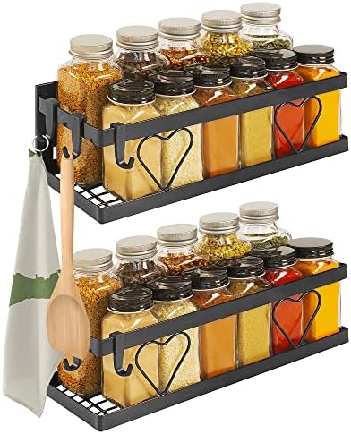  Magnetic Spice Rack, Large Black (2-Pack) - Magnetic Shelf For Spice Storage, Magnetic Spice Rack For Refrigerator, Oven, Etc. | Premium Magnetic Fridge Organizer - Spice Organizer With Free Hooks