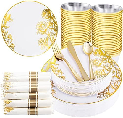  210PCS Gold Plastic Plates, Gold Disposable Dinnerware Set Includes 60 Gold & White Plates With Floral Design,30 Gold Plastic Silverware,30 Per Rolled Napkins,30 Gold Rim Cups For Mother's Day
