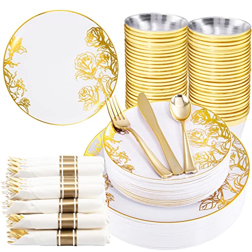  210PCS Gold Plastic Plates, Gold Disposable Dinnerware Set Includes 60 Gold & White Plates With Floral Design,30 Gold Plastic Silverware,30 Per Rolled Napkins,30 Gold Rim Cups For Mother's Day