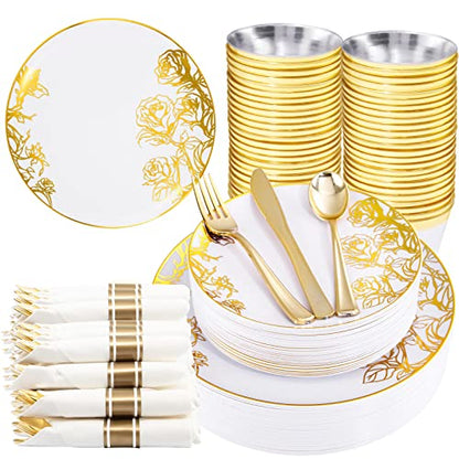  210PCS Gold Plastic Plates, Gold Disposable Dinnerware Set Includes 60 Gold & White Plates With Floral Design,30 Gold Plastic Silverware,30 Per Rolled Napkins,30 Gold Rim Cups For Mother's Day