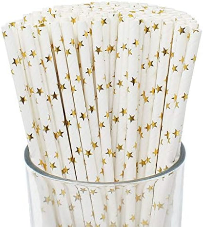 Premium Disposable Drinking Paper Straws (100pcs, Star, Metallic Gold)