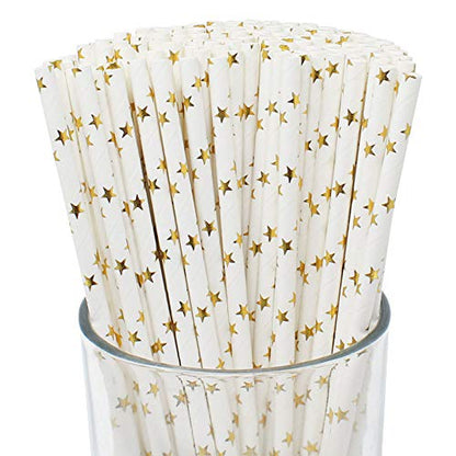  Premium Disposable Drinking Paper Straws (100pcs, Star, Metallic Gold)