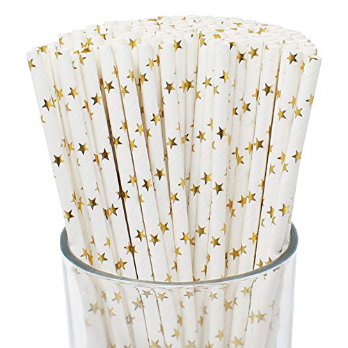  Premium Disposable Drinking Paper Straws (100pcs, Star, Metallic Gold)