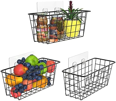  Hanging Kitchen Baskets Wire Storage Basket Adhesive Basket Over The Cabinet Door Organizer No Drilling, For Cabinet Pantry Organization And Kitchen, Bathroom, Storage, 2 Pack, Black