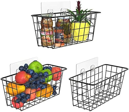  Hanging Kitchen Baskets Wire Storage Basket Adhesive Basket Over The Cabinet Door Organizer No Drilling, For Cabinet Pantry Organization And Kitchen, Bathroom, Storage, 2 Pack, Black