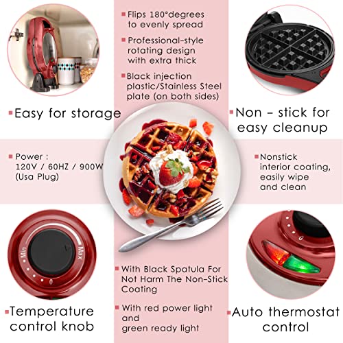  Belgian Waffle Maker, Electric Waffle Machine, Flips & Non-Stick Grids,Temperature Control, Round Waffle (Red)
