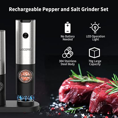  Electric Salt And Pepper Grinder, Lecone Set Of 2 Automatic USB Rechargeable With LED Light Charging Base Adjustable Easy To Refill For Spice Restaurant Kitchen BBQ