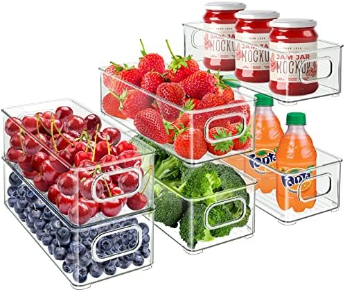  Set Of 6 Plastic Refrigerator Organizer Bins, Clear Stackable Food Storage Bins For Fridge, Freezer, Kitchen Cabinet, Pantry Organization, BPA Free Fridge Organizer