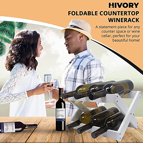  Foldable Bamboo Wine Rack ~ 6 Bottle Wine Holder Stand ~ Countertop Wine Holder For Kitchen, Bar, Cabinets ~ Holds 6 Bottles (White, 1)