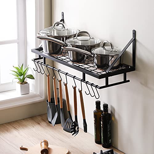  KES 30-Inch Kitchen Pan Pot Rack Wall Mounted Hanging Storage Organizer Wall Shelf With Hooks Matte Black, KUR215S75A-BK