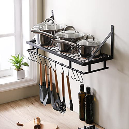  KES 30-Inch Kitchen Pan Pot Rack Wall Mounted Hanging Storage Organizer Wall Shelf With Hooks Matte Black, KUR215S75A-BK