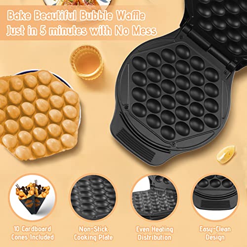  Compact Bubble Waffle Maker Machine With 10 Cardboard Cones, Electric Non Stick Hong Kong Egg Waffle Maker Iron, Recipe Included