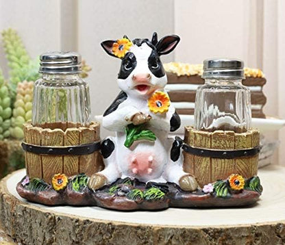  Lovely Sunflower Cow With Old Country Farm Milk Barrels Decorative Glass Salt Pepper Shakers Holder Resin Figurine 7" Wide