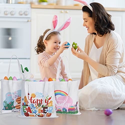  AKEROCK Easter Bags, Large Easter Canvas Bags With Handles, Reusable Tote Bags For Kids Egg Hunt - 3 PCS