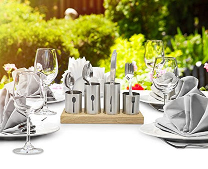  Silverware Holder With Caddy For Spoons, Knives Forks, Etc — Ideal For Kitchen, Dining, Entertaining, Buffet, Picnic, And More — Stainless Steel With Bamboo Wood Base