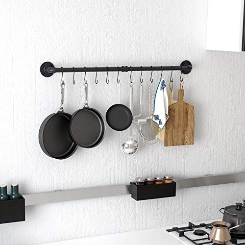  OROPY 39 Inch Pot Bar Rack Wall Mounted Detachable Pans Hanging Rail Kitchen Lids Utensils Hanger With 14 S Hooks Black
