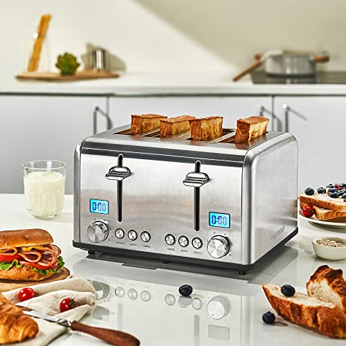 REDMOND 4 Slice Toaster, Countdown Stainless Steel Toaster With Bagel, Defrost, Cancel Function, Extra Wide Slots, 6 Bread Shade Settings, 1650W, ST030