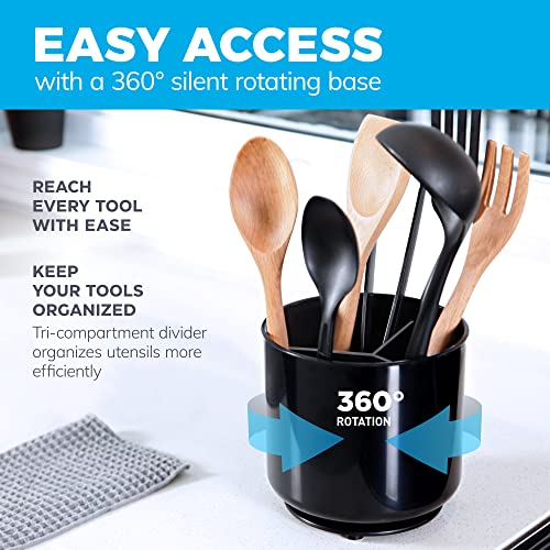  Rotating Plastic Extra Large Utensil Holder Crock With Weighted Base, Removable Divider, And Gripped Insert - Dishwasher Safe Kitchen Utensil Holder For Kitchen Counter: Cooking Black Utensil Caddy