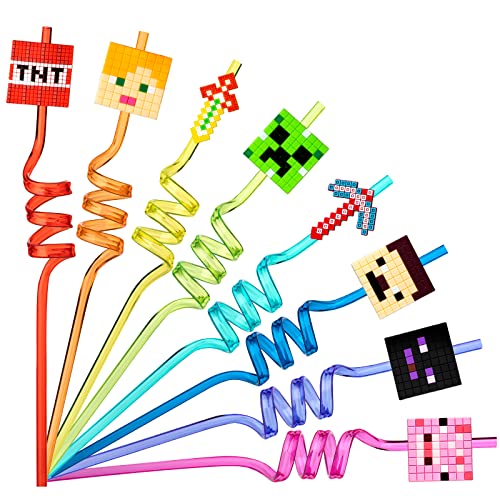  24Pcs Miner Craft Birthday Party Supplies Reusable Drinking Straws,8 Designs Pixel Themed Party Favors With 2 Cleaning Brush MWXG