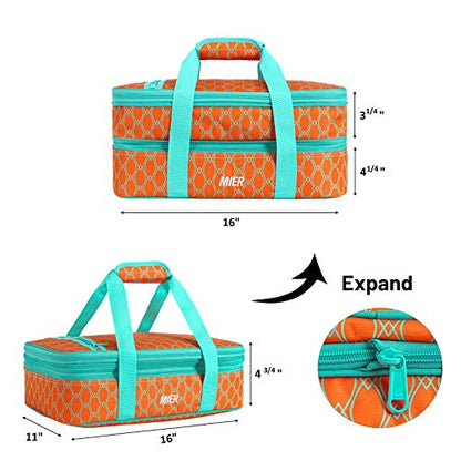  Insulated Double Casserole Carrier Thermal Lunch Tote For Potluck Parties, Picnic, Beach, Fits 9 X 13 Inches Casserole Dish, Expandable By Mid Zipper, Orange