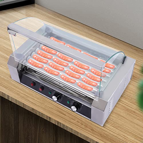  110V Commercial Hot Dog Machine, Stainless Steel Electric 18 Hot Dog 7 Roller Cooker Machine With Detachable Glass Cover, 360° Even Rotation Hot Dog Maker