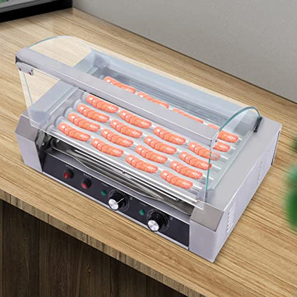  110V Commercial Hot Dog Machine, Stainless Steel Electric 18 Hot Dog 7 Roller Cooker Machine With Detachable Glass Cover, 360° Even Rotation Hot Dog Maker