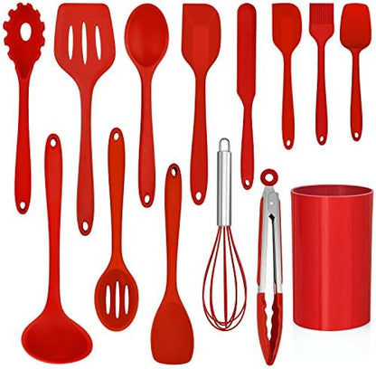  14 Pcs Cooking Utensils Set With Holder, Silicone Kitchen Cookware Utensils Set, Heat Resistant Cooking Gadget Tools Includes Spatula Spoon Turner Whisk Tong, Dishwasher Safe, Colorful