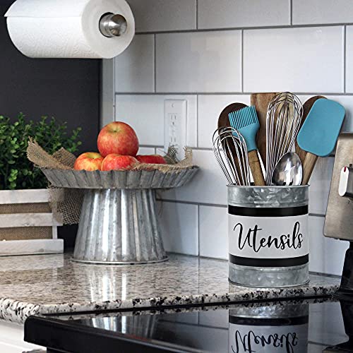  Kitchen Utensil Holder - Farmhouse Crock For Countertop Utensils, Black & White
