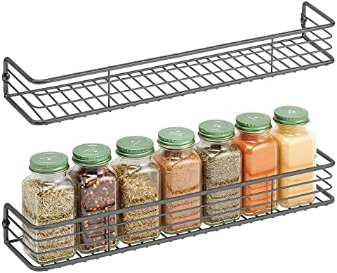 MDesign Metal Wire Wall Mount Spice Rack Shelf - Organizer For Kitchen Cabinet, Cupboard, Food Pantry - Bottle Holder - 16 Inches - 2 Pack - Black