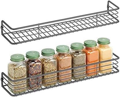  MDesign Metal Wire Wall Mount Spice Rack Shelf - Organizer For Kitchen Cabinet, Cupboard, Food Pantry - Bottle Holder - 16 Inches - 2 Pack - Black