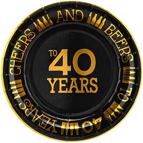  40th Birthday Plates Black And Gold Dessert, Buffet, Cake, Lunch, Dinner Plates For 40th Birthday Decorations Party Supplies, Cheers To 40 Years! 50 Count, 9" Plate