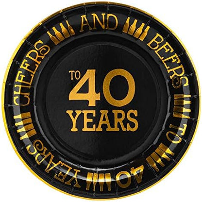  40th Birthday Plates Black And Gold Dessert, Buffet, Cake, Lunch, Dinner Plates For 40th Birthday Decorations Party Supplies, Cheers To 40 Years! 50 Count, 9" Plate
