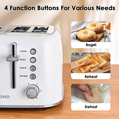 REDMOND Toaster 4 Slice, Retro Stainless Steel Toaster With Extra Wide Slots Bagel, Defrost, Reheat Function, Dual Independent Control Panel, Removable Crumb Tray, 6 Shade Settings And High Lift Lever, White, New Version