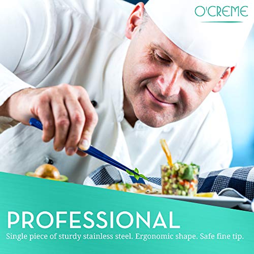  Reme Blue Stainless Steel Precision Kitchen Culinary Fine-Tip Tweezer Tongs, 1 With Curved Tip And 1 With Straight Tip